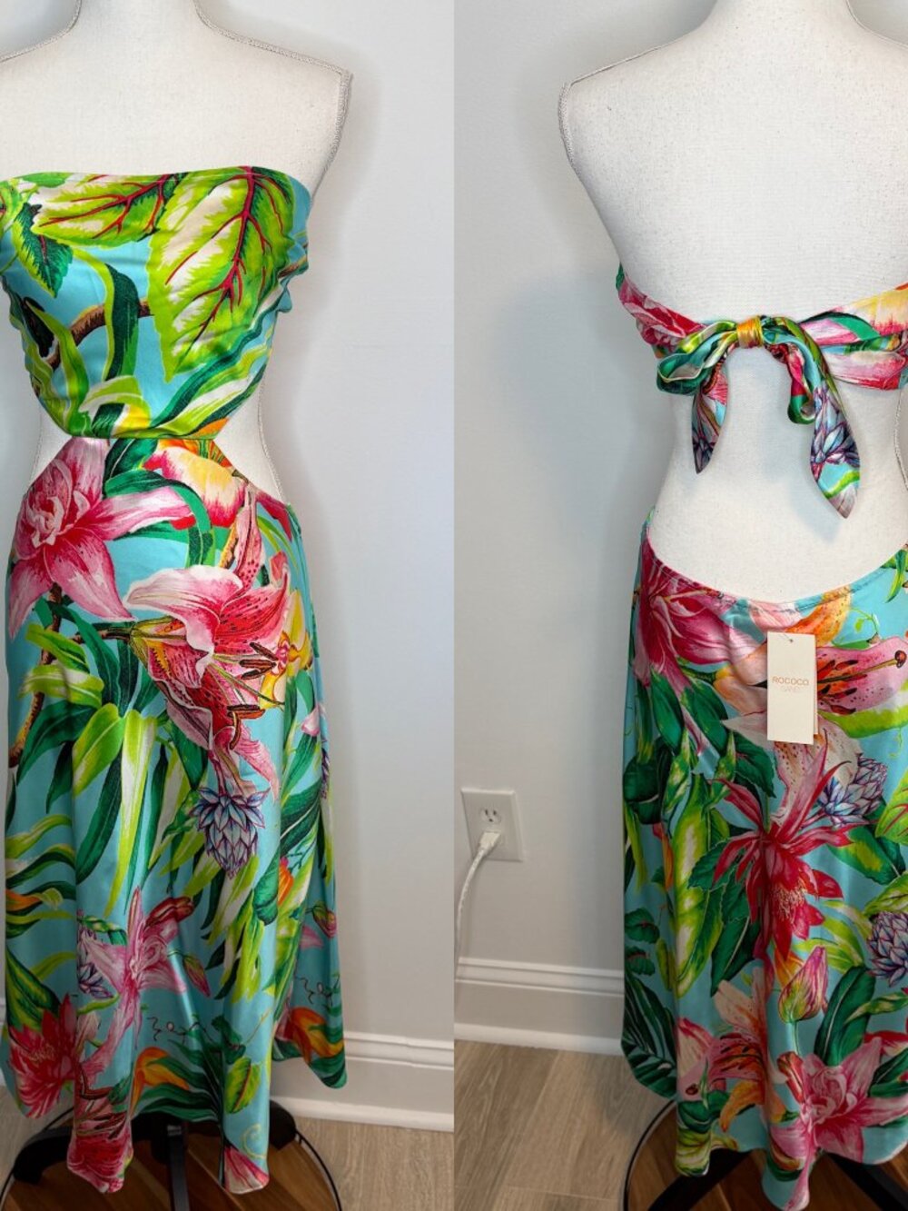 ROCOCO SAND Silk Hibiscus Scarf Tropical Cut Out Strapless Dress Size Medium New
